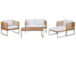 Lounge Set Akazienholz Hellbraun 4-Sitzer Auflagen Weiß BERMUDA