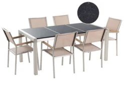 Gartenmöbel Set Naturstein Schwarz Poliert 180 X 90 Cm 6-Sitzer Stühle Beige GROSSETO