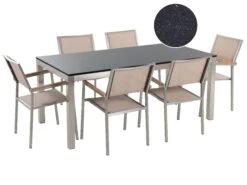 Gartenmöbel Set Naturstein Schwarz Poliert 180 X 90 Cm 6-Sitzer Stühle Textilbespannung Beige GROSSETO