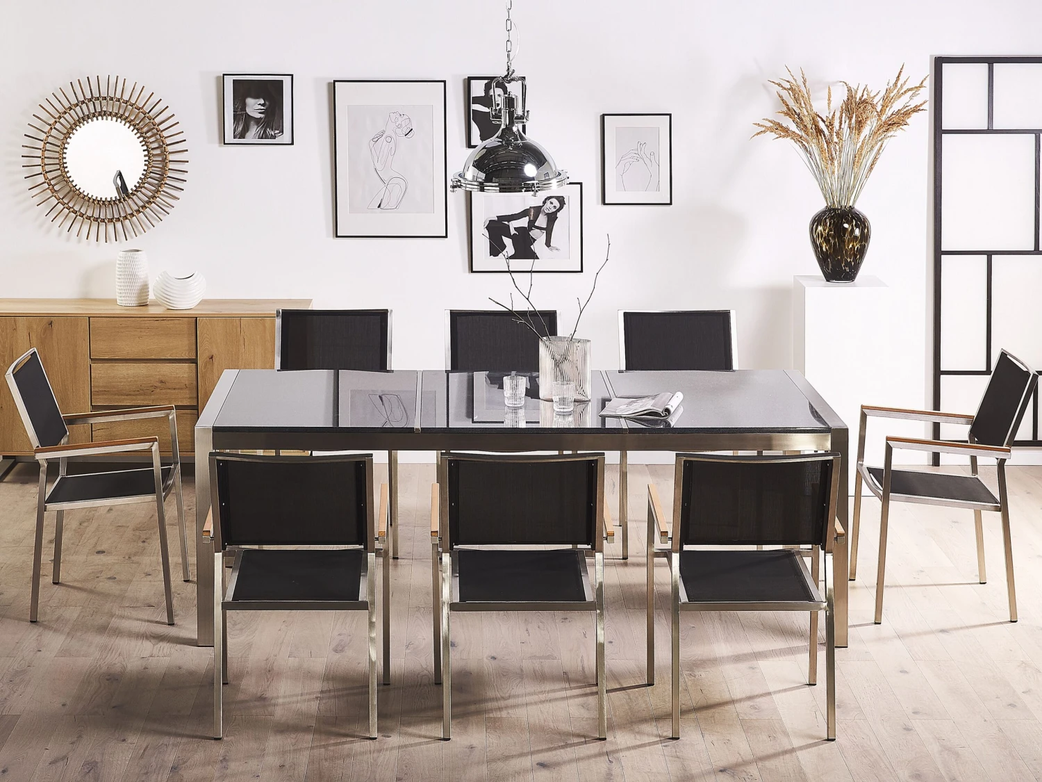 Gartenmöbel Set Granit Grau Poliert 220 X 100 Cm 8-Sitzer Stühle Textilbespannung GROSSETO 2 Gartenmöbel Set Granit Grau Poliert 220 X 100 Cm 8-Sitzer Stühle Textilbespannung GROSSETO – Bild 2