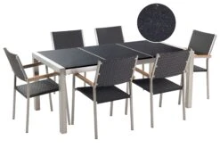 Gartenmöbel Set Naturstein Schwarz Poliert 180 X 90 Cm 6-Sitzer Stühle Rattan GROSSETO