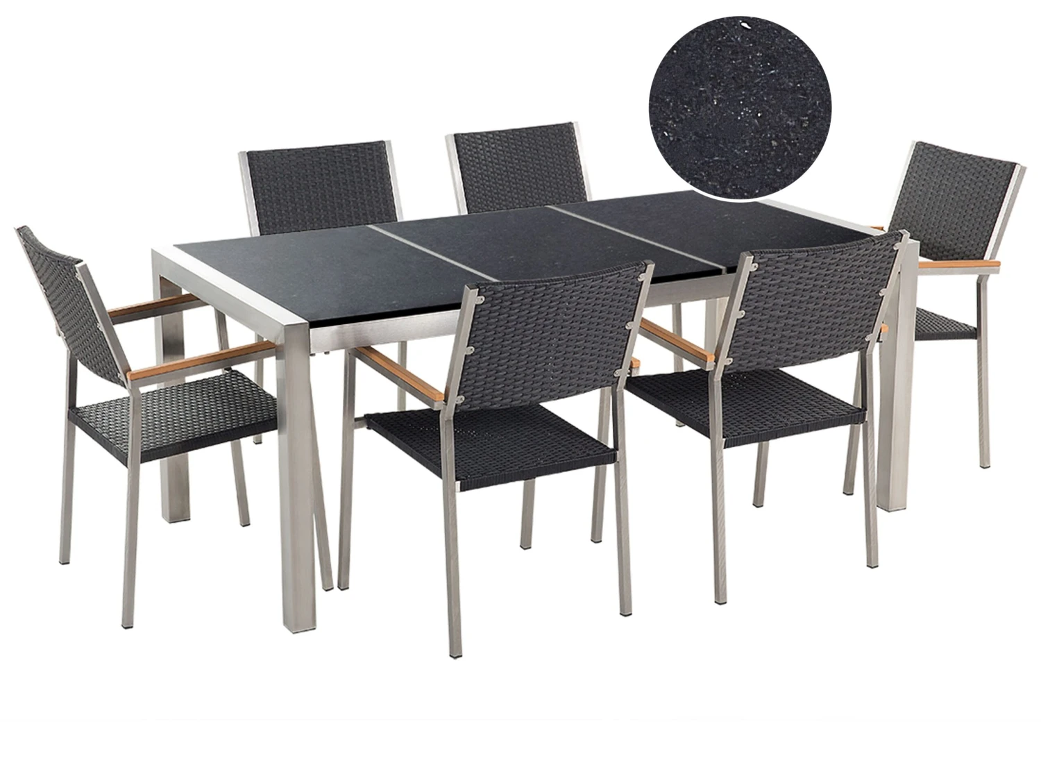 Gartenmöbel Set Naturstein Schwarz Poliert 180 X 90 Cm 6-Sitzer Stühle Rattan GROSSETO 1 Gartenmöbel Set Naturstein Schwarz Poliert 180 X 90 Cm 6-Sitzer Stühle Rattan GROSSETO