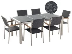 Gartenmöbel Set Naturstein Schwarz Geflammt 180 X 90 Cm 6-Sitzer Stühle Rattan GROSSETO