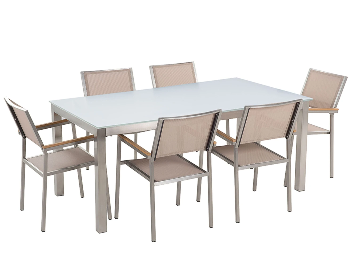 Gartenmöbel Set Glasplatte Weiß 180 X 90 Cm 6-Sitzer Stühle Textilbespannung Beige GROSSETO 1 Gartenmöbel Set Glasplatte Weiß 180 X 90 Cm 6-Sitzer Stühle Textilbespannung Beige GROSSETO