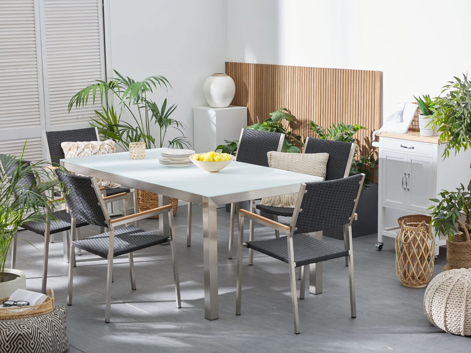 Gartenmöbel Set Glasplatte Weiß 180 X 90 Cm 6-Sitzer Stühle Rattan Schwarz GROSSETO 2 Gartenmöbel Set Glasplatte Weiß 180 X 90 Cm 6-Sitzer Stühle Rattan Schwarz GROSSETO – Bild 2