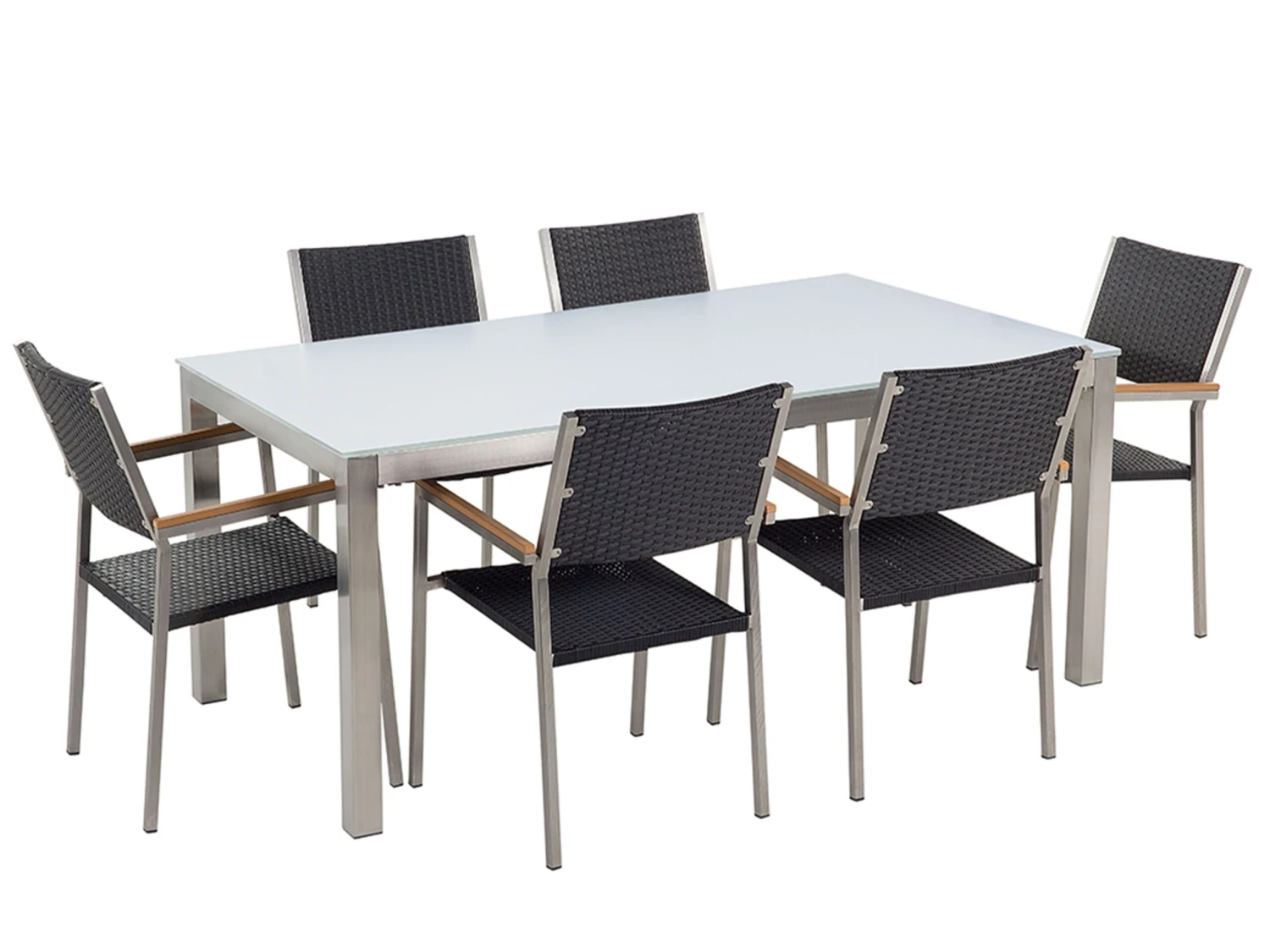Gartenmöbel Set Glasplatte Weiß 180 X 90 Cm 6-Sitzer Stühle Rattan Schwarz GROSSETO 1 Gartenmöbel Set Glasplatte Weiß 180 X 90 Cm 6-Sitzer Stühle Rattan Schwarz GROSSETO