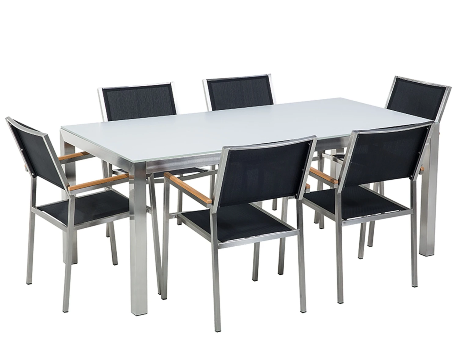 Gartenmöbel Set Glasplatte Weiß 180 X 90 Cm 6-Sitzer Stühle Textilbespannung Schwarz GROSSETO 1 Gartenmöbel Set Glasplatte Weiß 180 X 90 Cm 6-Sitzer Stühle Textilbespannung Schwarz GROSSETO