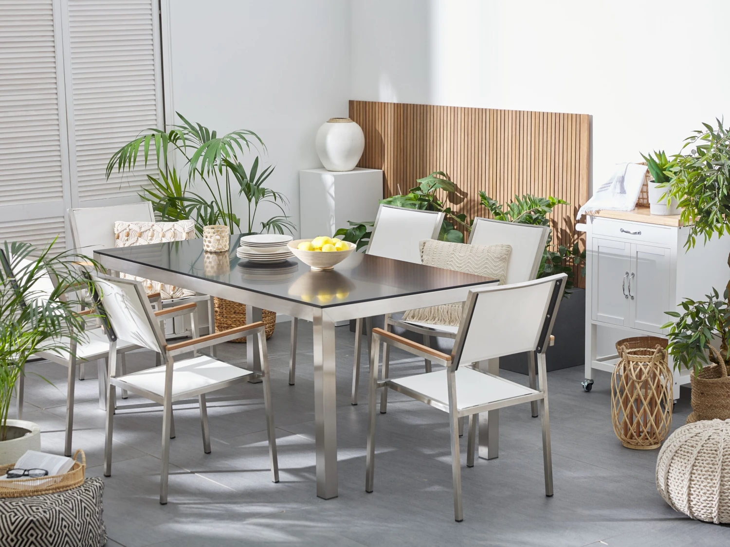 Gartenmöbel Set Glasplatte Schwarz 180 X 90 Cm 6-Sitzer Stühle Textilbespannung Weiß GROSSETO – Bild 2