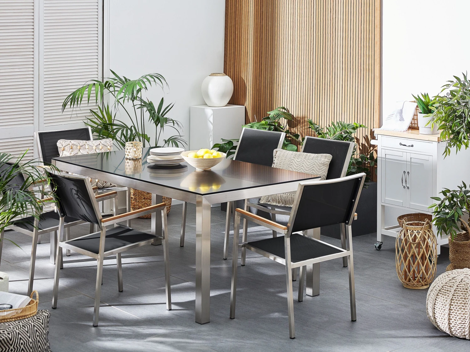 Gartenmöbel Set Glasplatte Schwarz 180 X 90 Cm 6-Sitzer Stühle Textilbespannung Schwarz GROSSETO 2 Gartenmöbel Set Glasplatte Schwarz 180 X 90 Cm 6-Sitzer Stühle Textilbespannung Schwarz GROSSETO – Bild 2