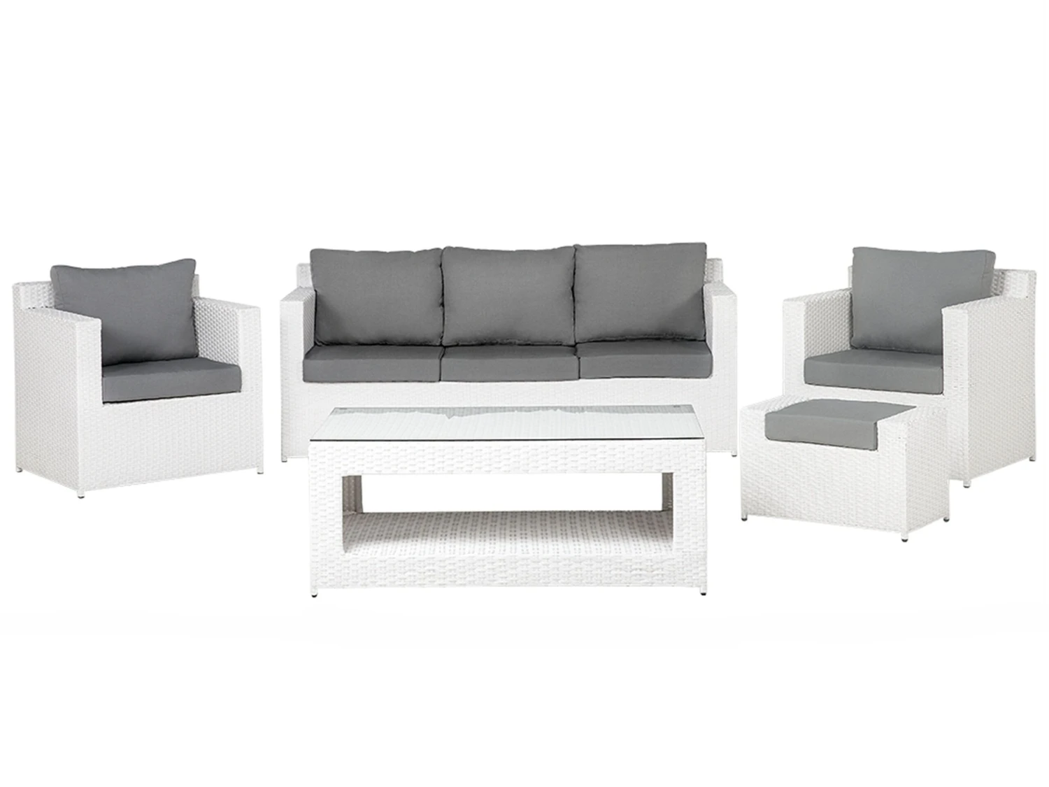 Lounge Set Rattan Weiß 6-Sitzer Auflagen Grau ROMA 1 Lounge Set Rattan Weiß 6-Sitzer Auflagen Grau ROMA