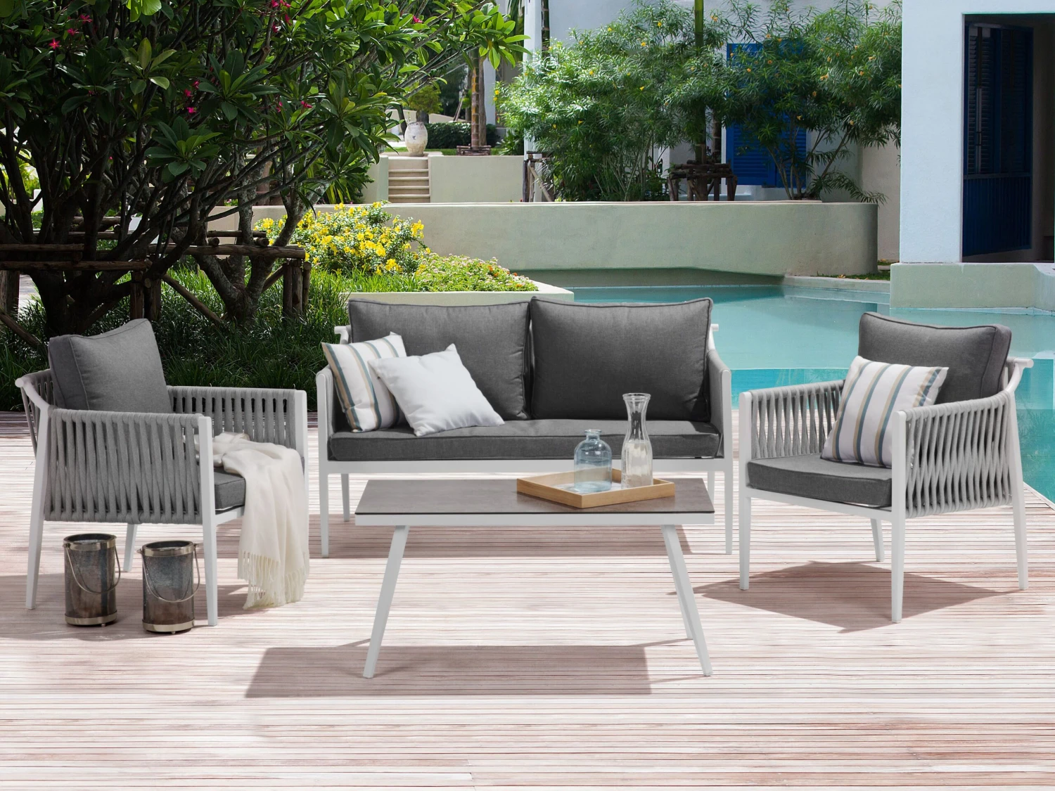 Lounge Set Aluminium Weiß 4-Sitzer Auflagen Grau LATINA 2 Lounge Set Aluminium Weiß 4-Sitzer Auflagen Grau LATINA – Bild 2