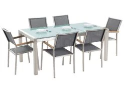 Gartenmöbel Set Crashglas 180 X 90 Cm 6-Sitzer Stühle Textilbespannung Grau GROSSETO