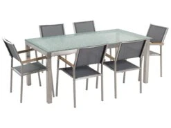 Gartenmöbel Set Crashglas 180 X 90 Cm 6Sitzer Stühle Textilbespannung Grau GROSSETO
