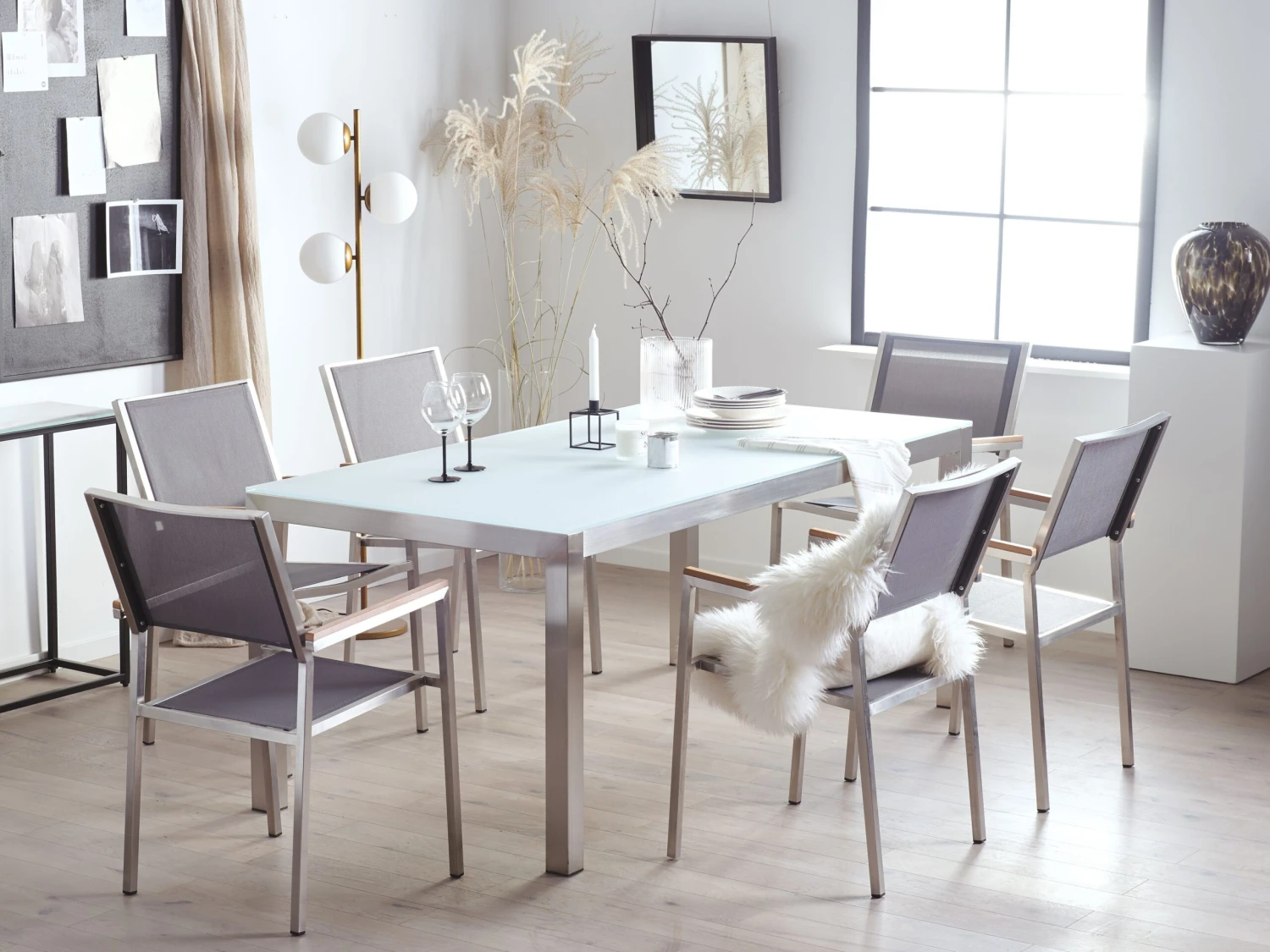 Gartenmöbel Set Glasplatte Weiß 180 X 90 Cm 6-Sitzer Stühle Textilbespannung Grau GROSSETO – Bild 4