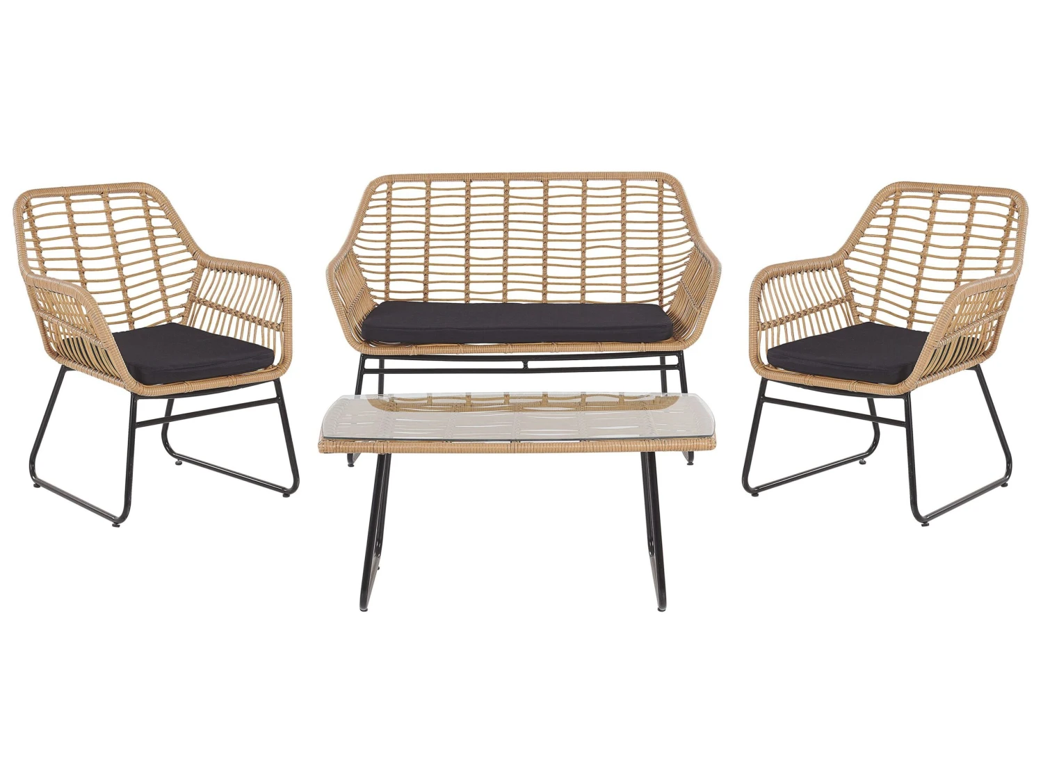 Lounge Set Rattan Natürlich 4-Sitzer Auflagen Schwarz MINORI