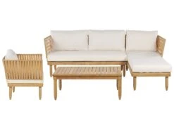 Lounge Set Akazienholz Hellbraun 4-Sitzer Auflagen Cremeweiß CREMONA
