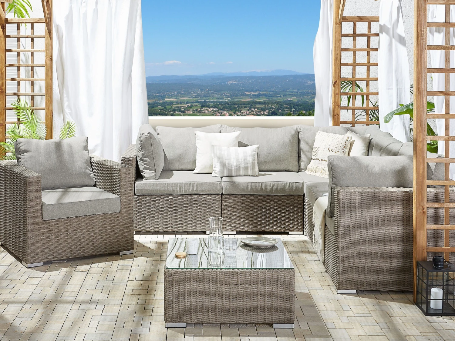 Lounge Set Rattan Taupe 6-Sitzer Linksseitig Auflagen Hellgrau CONTARE 2 Lounge Set Rattan Taupe 6-Sitzer Linksseitig Auflagen Hellgrau CONTARE – Bild 2