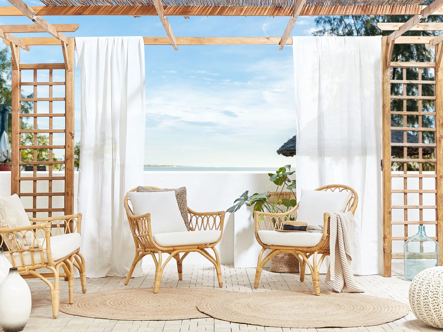 Lounge Set Rattan Natürlich 4-Sitzer Auflagen Weiß SIBARI – Bild 8