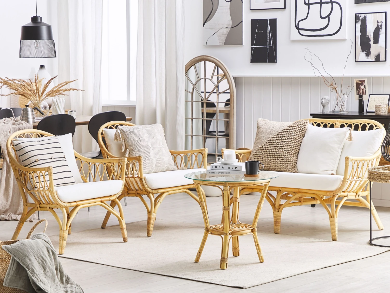 Lounge Set Rattan Natürlich 4-Sitzer Auflagen Weiß SIBARI – Bild 6