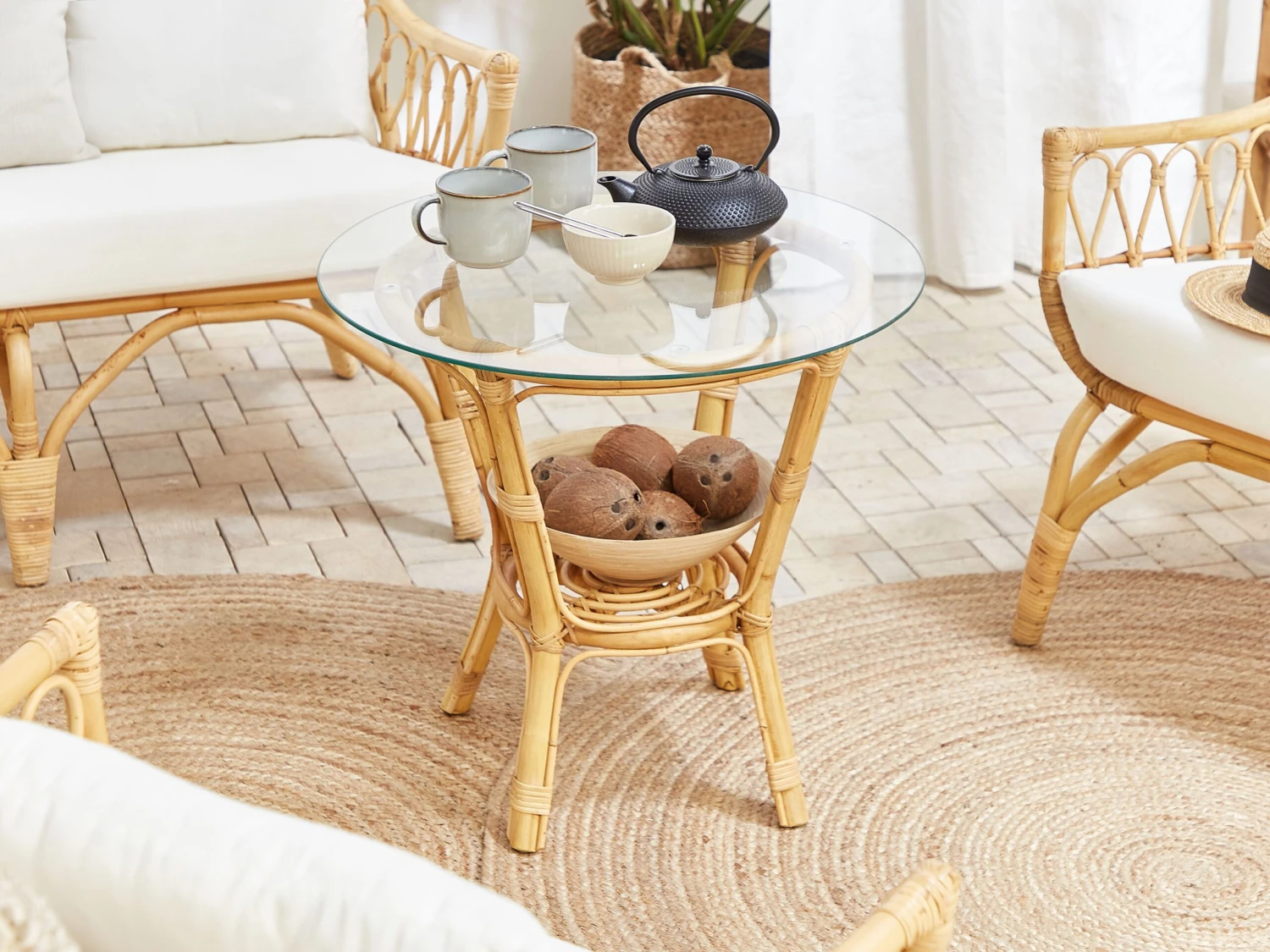 Lounge Set Rattan Natürlich 4-Sitzer Auflagen Weiß SIBARI – Bild 10