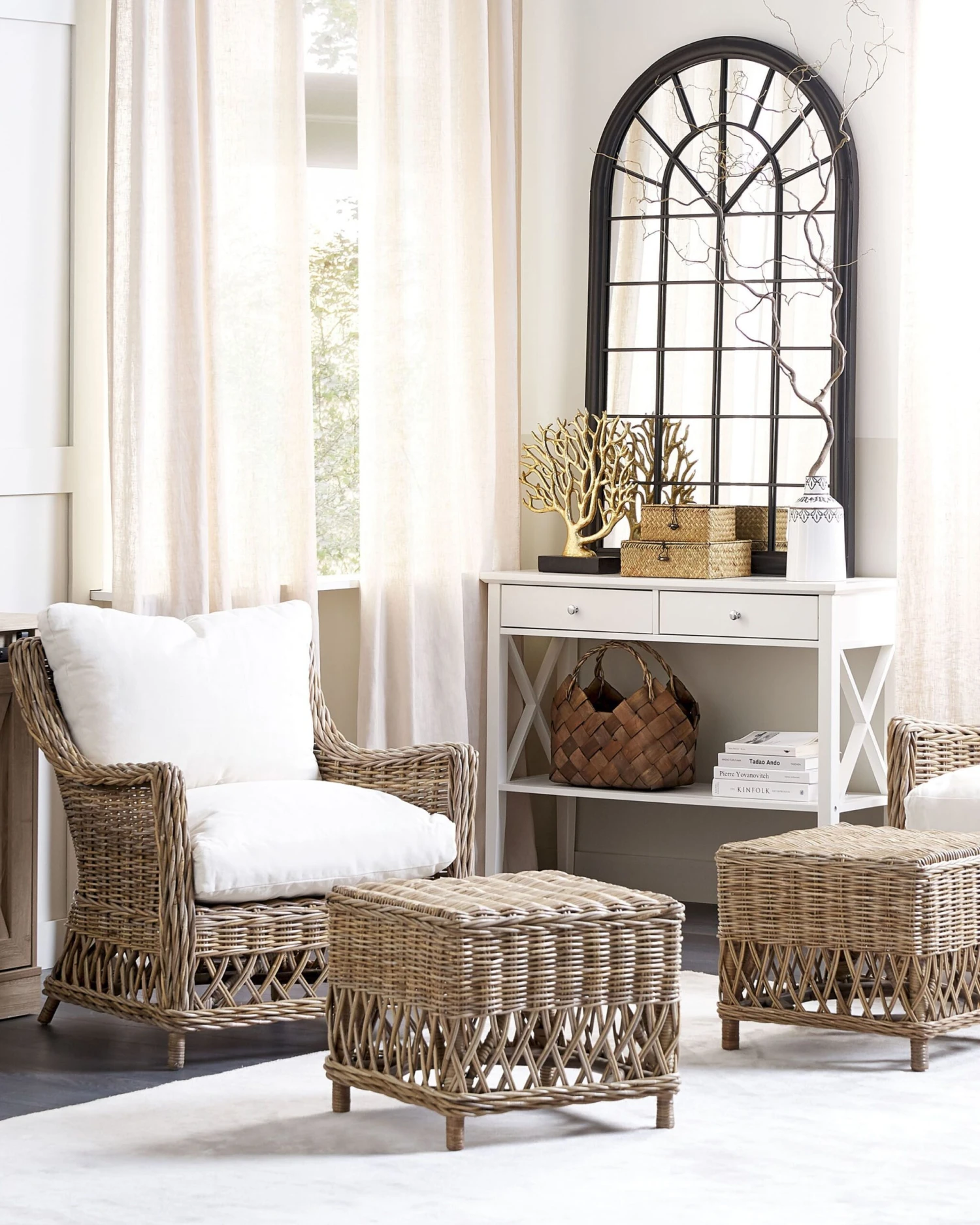 Gartensessel Mit Hocker Rattan Natürlich 2er Set Auflagen Cremeweiß RIBOLLA – Bild 3