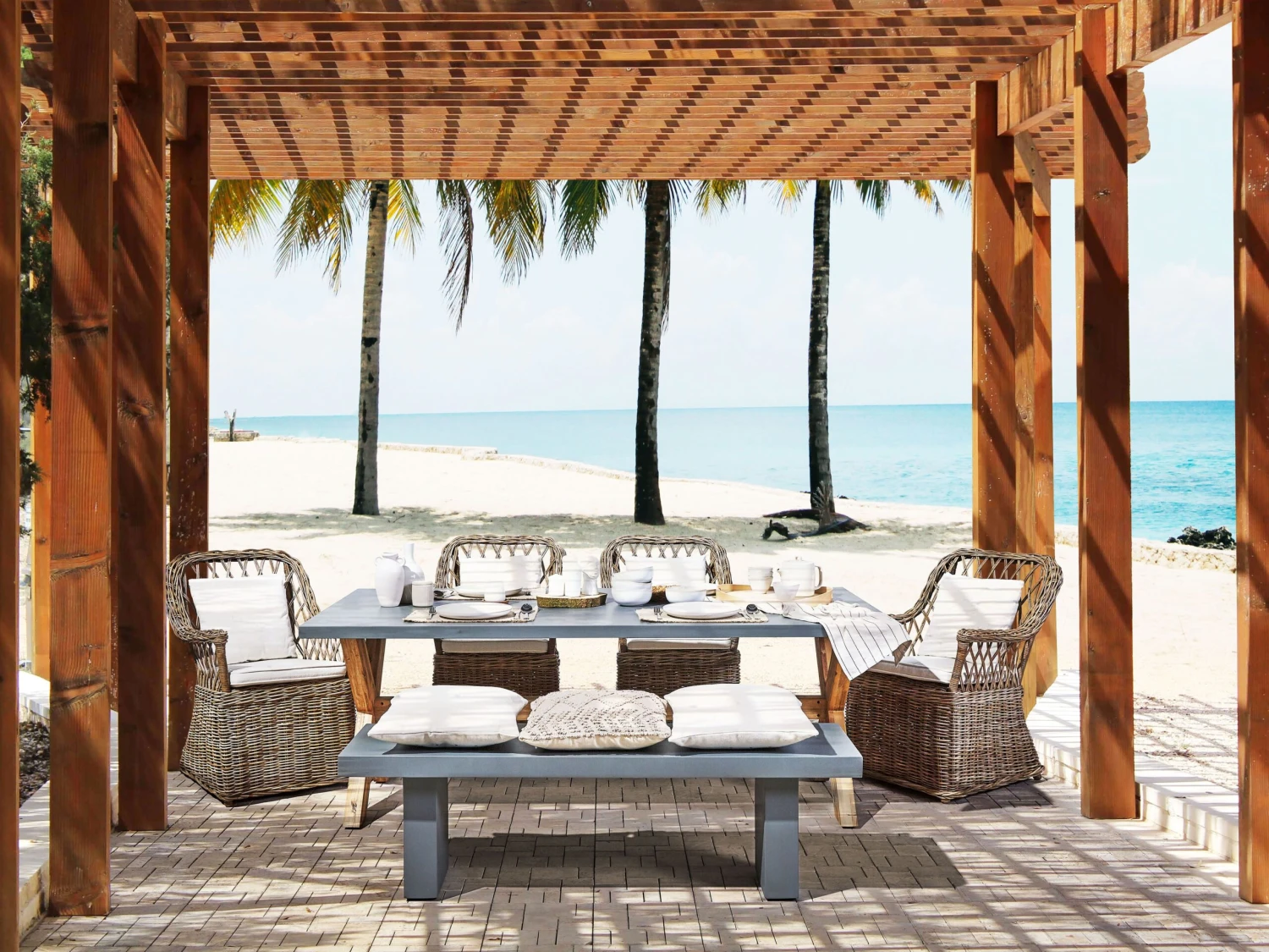 Gartenmöbel Set Rattan Natürlich 4-Sitzer Auflagen Cremeweiß MAROS/OLBIA 2 Gartenmöbel Set Rattan Natürlich 4-Sitzer Auflagen Cremeweiß MAROS/OLBIA – Bild 2