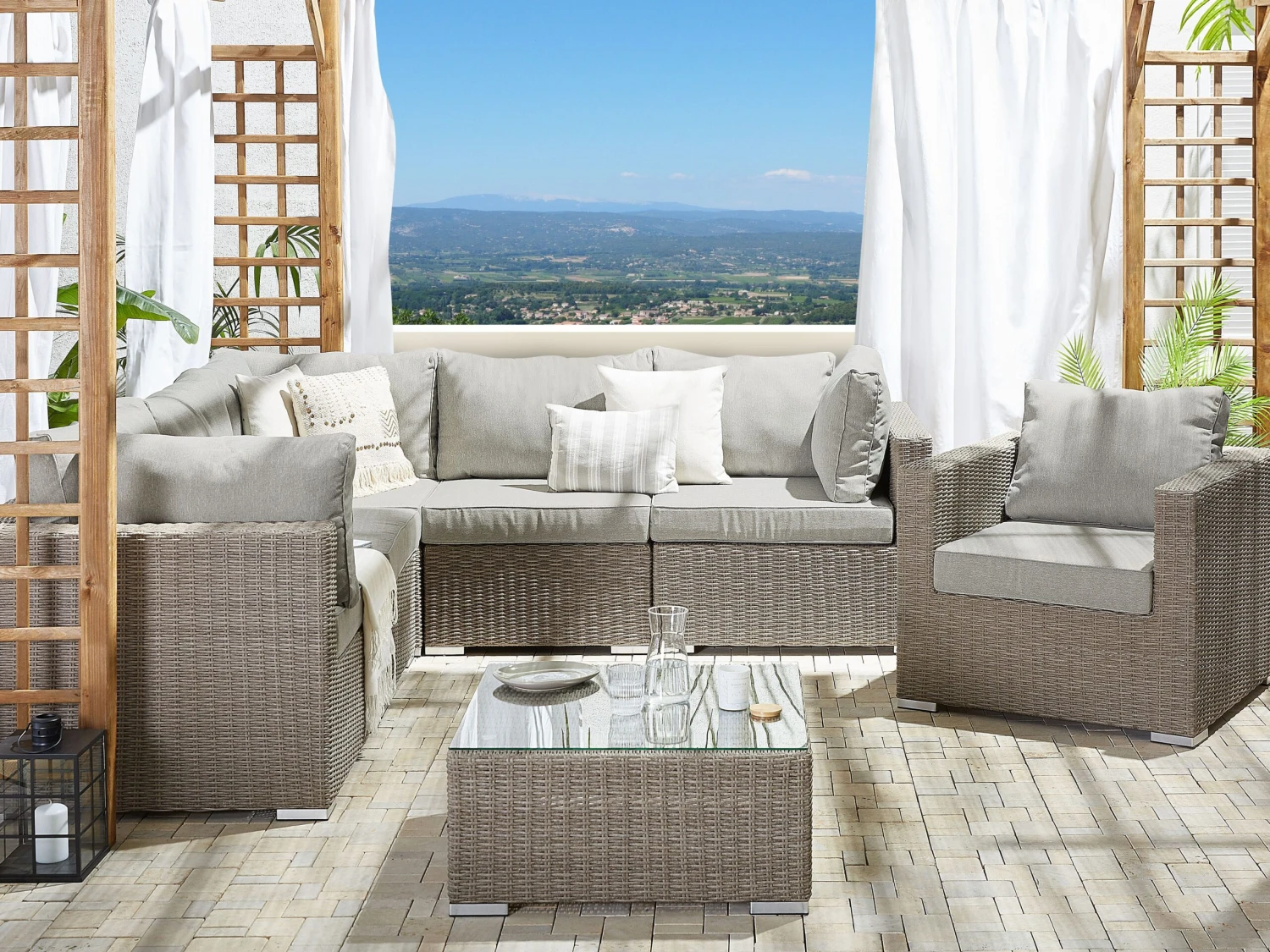 Lounge Set Rattan Taupe 6-Sitzer Linksseitig Auflagen Hellgrau CONTARE 10 Lounge Set Rattan Taupe 6-Sitzer Linksseitig Auflagen Hellgrau CONTARE – Bild 10