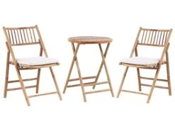 Balkonset Bambusholz Hellbraun Auflagen Cremeweiß Zusammenklappbar SAVALLETRI